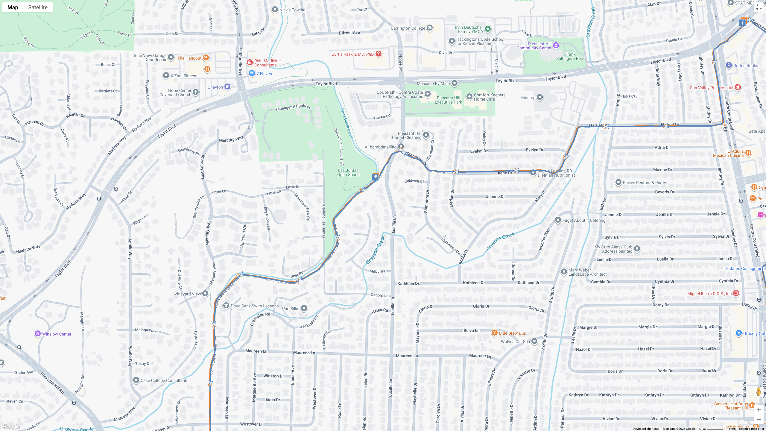 A Google Maps map view showing GPS location data for a workout, with the COROS APEX 4 (orange line) and Garmin Forerunner 970 (blue line) showing how their dual-band GPS tracking compares.