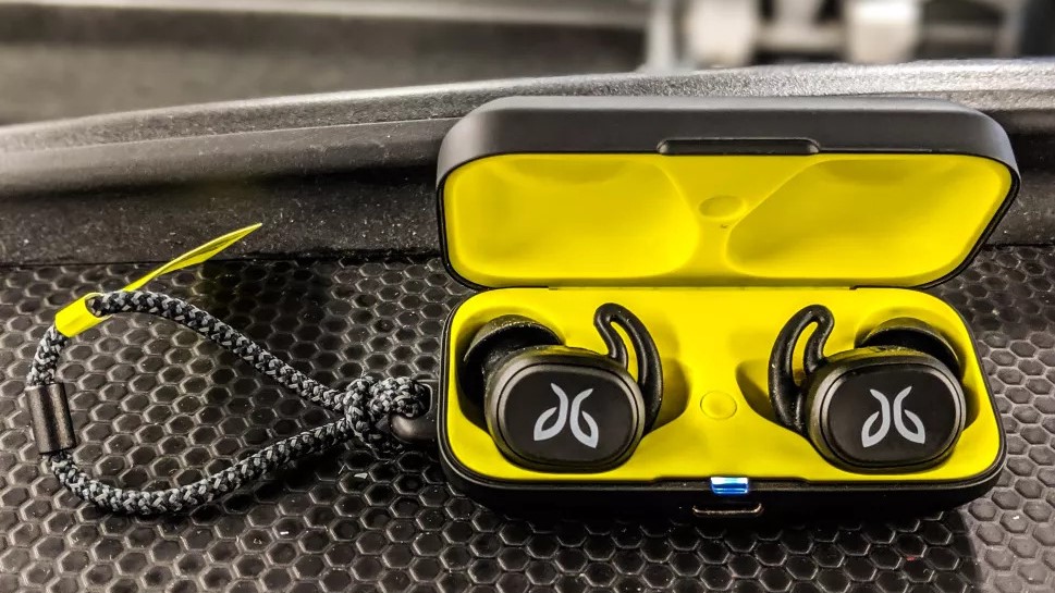 The Jaybird Vista charging case open at the gym