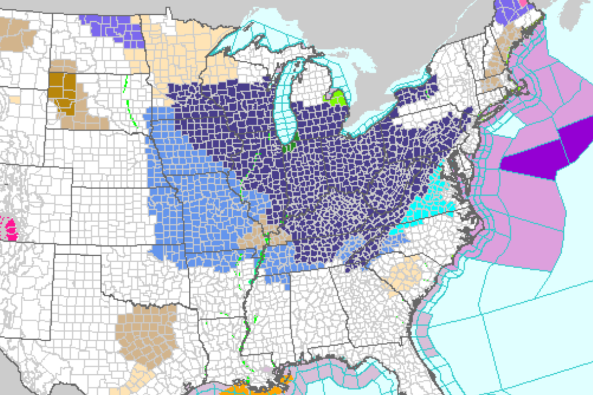 A National Weather Service map shows where freeze warnings (navy) are in effect for this weekend.