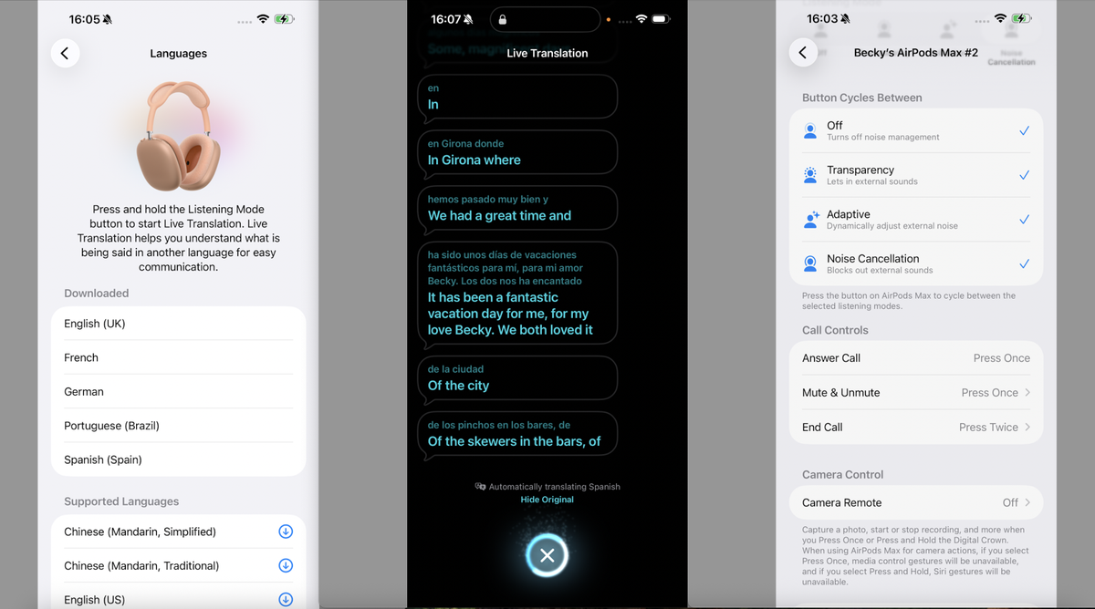 A collection of three screen-grabs, showing Apple's Live Translation on an iPhone screen