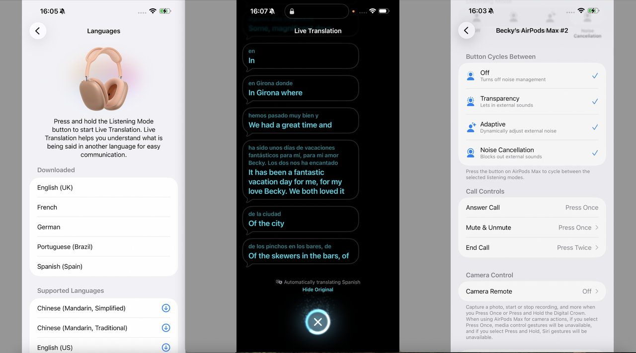 A collection of three screen-grabs, showing Apple's Live Translation on an iPhone screen