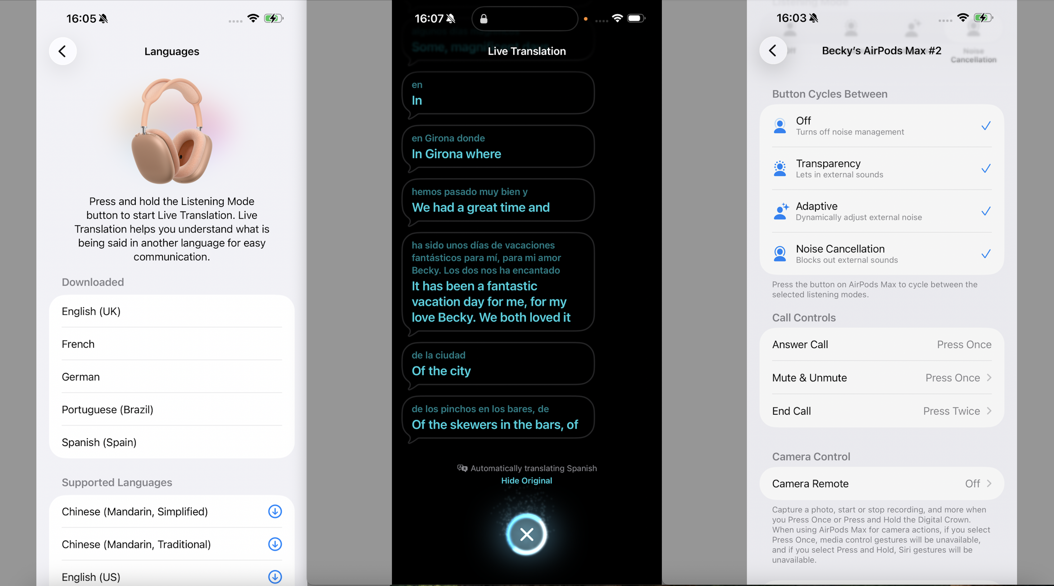 A collection of three screen-grabs, showing Apple's Live Translation on an iPhone screen