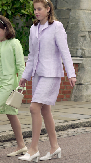 Princess Beatrice Is Wearing A Lilac Silk Dress With Matching Jacket And She Is Carrying A Small Cream Handbag A Service At St George's Chapel, Windsor, Berkshire, To Mark The 80th Birthday Of Prince Philip
