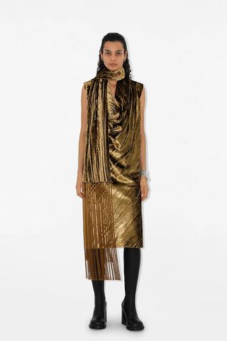 Burberry gold crushed velvet pleated dress with scarf