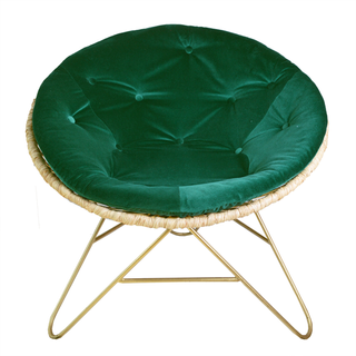 Raffia, metal and green velvet round armchair