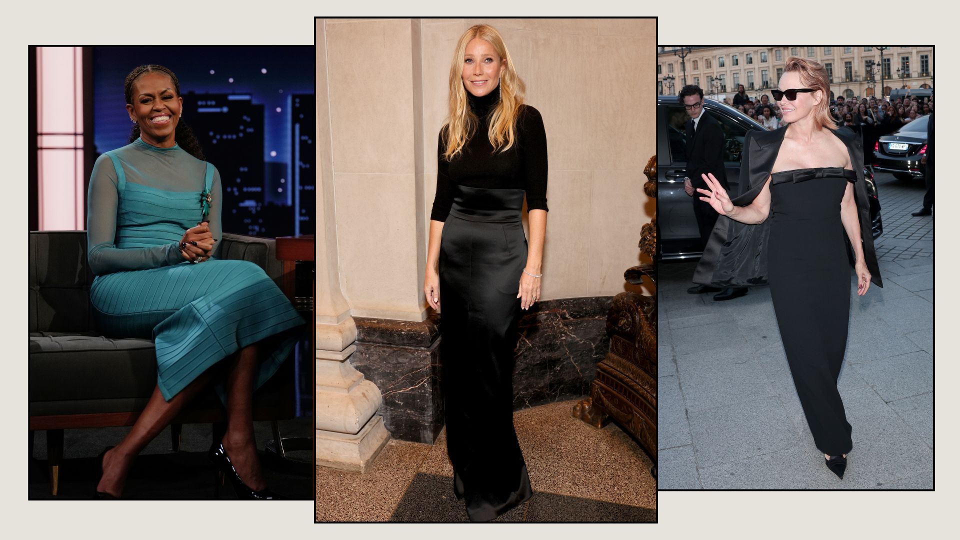 A collage of the best over-50 celebrities with the chicest style, including Pamela Anderson, Gwyneth Paltrow and Michelle Obama.
