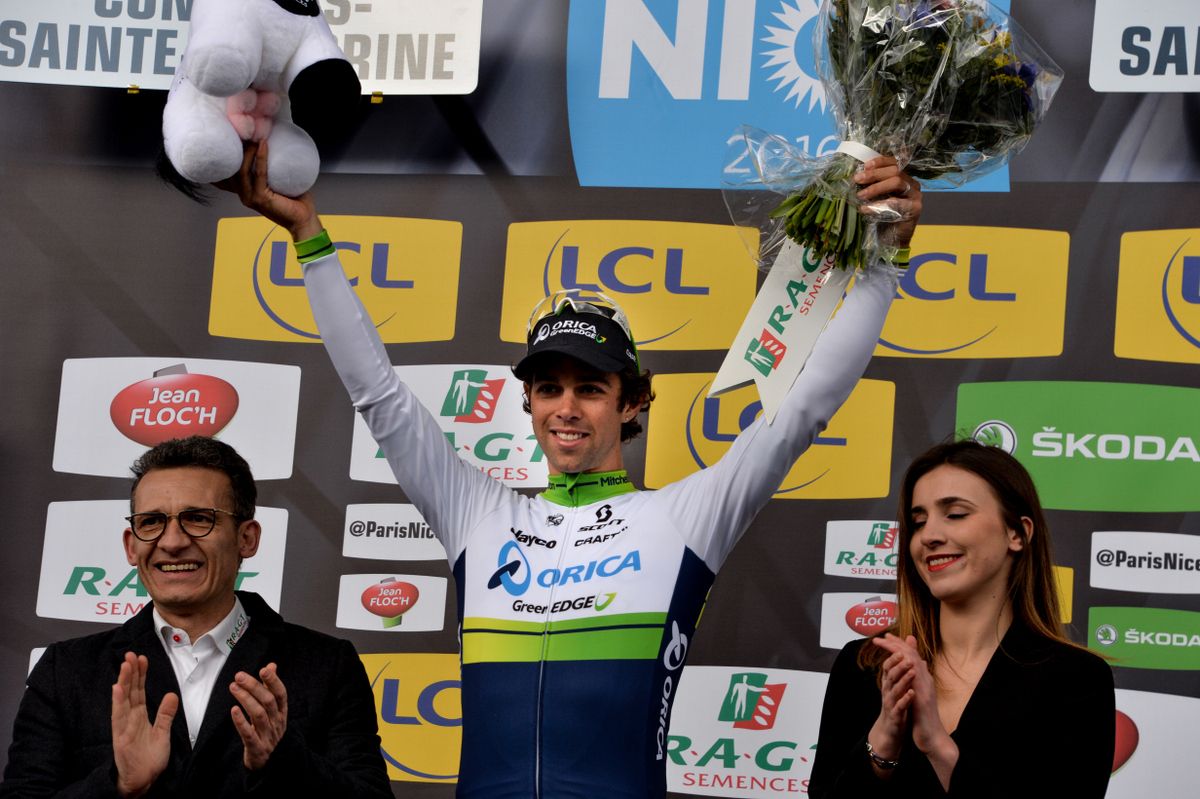 Prologue winner Michael Matthews on the podium