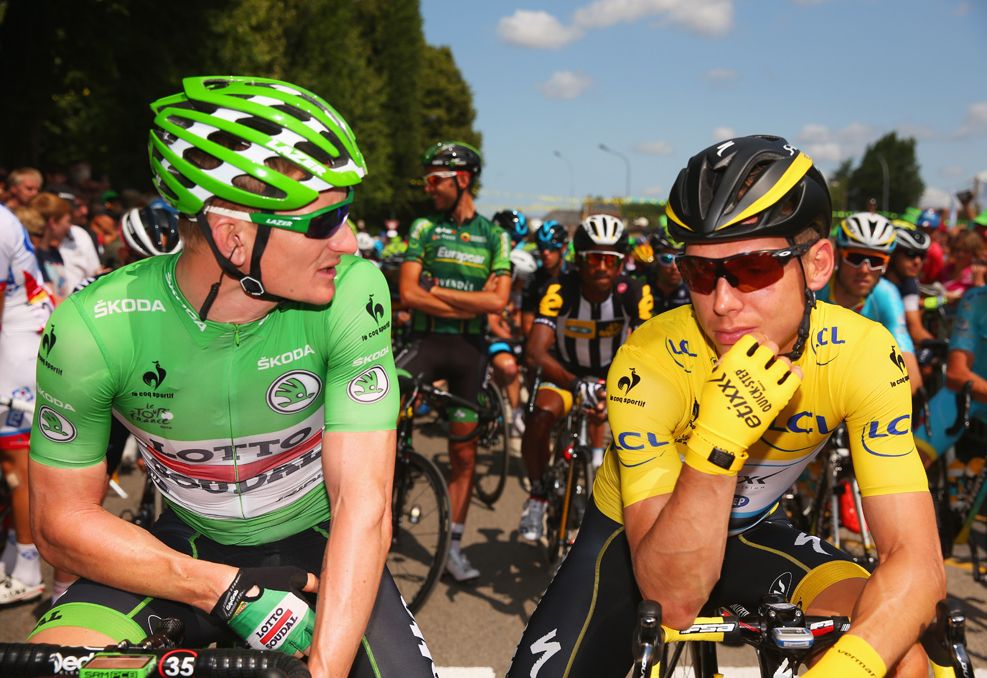 Grepiel in green and Martin in yellow at the Tour de France