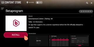 LG's webOS23 beta program app as seen on an LG TV