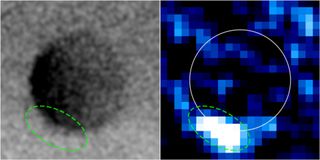 Two images of Europa created in 2012 and 2014 by separate research teams using different observation methods reveal activity at a common location on Europa. The transit image on the left shows dark patches of light absorption in the same spot where researchers later found auroral emission from hydrogen and oxygen, the dissociation products of water.