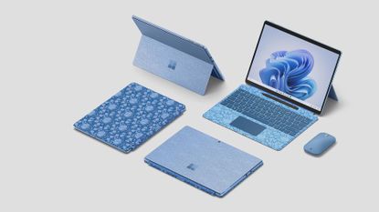 Microsoft Surface Pro 9 Liberty Special Edition shown open and closed, with Liberty print finish