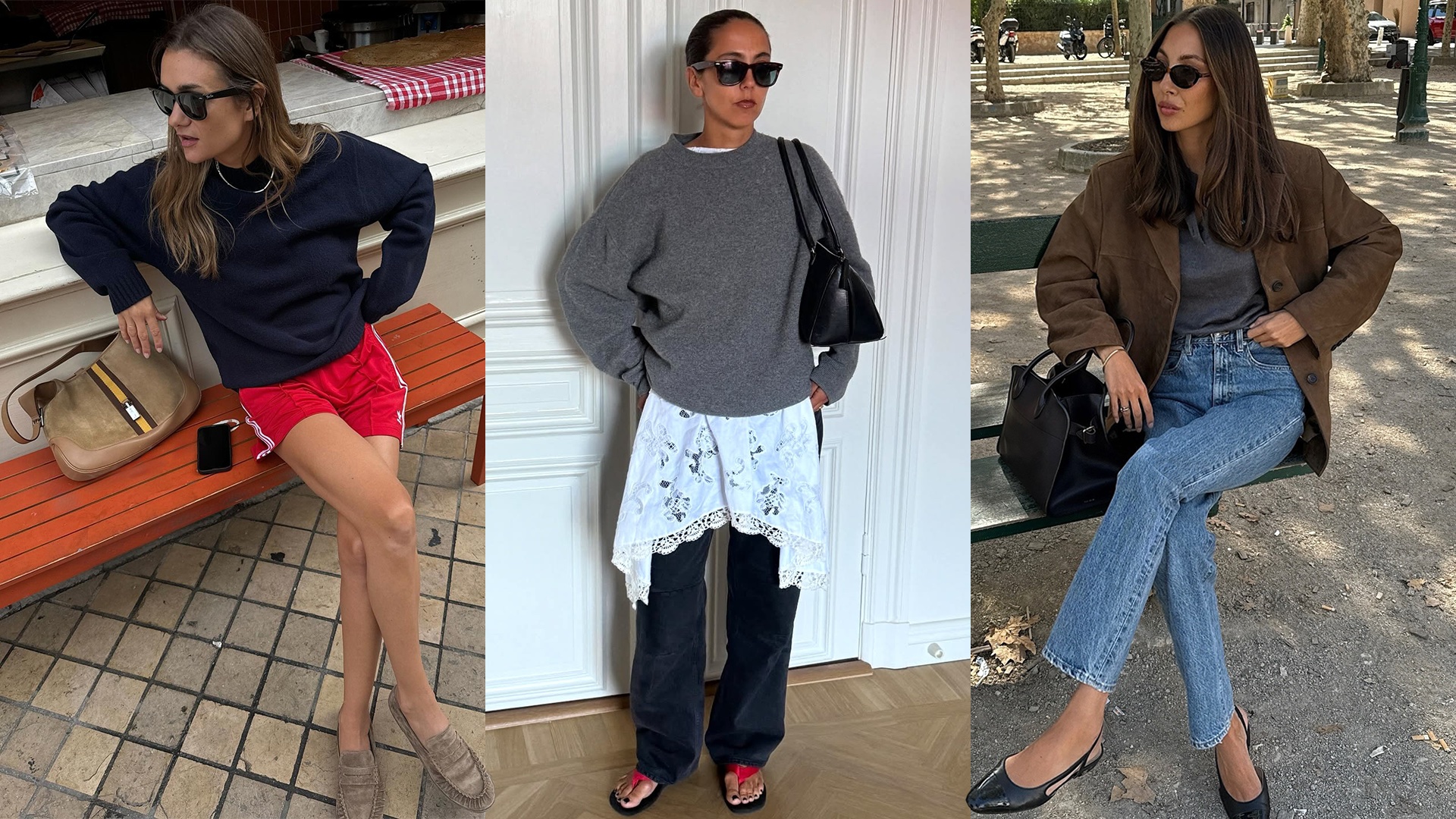 fashion collage featuring style influencers Anne-Laure Mais, Hanna MW, and Felicia Akerstrom wearing chic fall outfits with Adidas shorts, suede loafers, layered lace pieces, flip-flop sandals, suede jacket, jeans, and more
