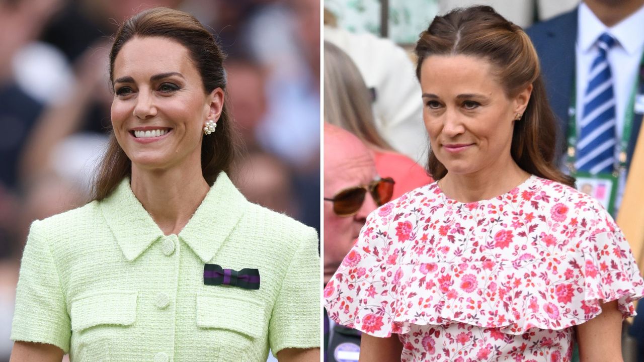 Composite of a picture of Kate Middleton wearing a lime green dress at Wimbledon 2023 and a picture of Pippa Middleton wearing a floral dress at Wimbledon 2024