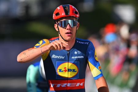 SALVANLES MARECOTTES SWITZERLAND APRIL 25 Thibau Nys of Belgium and Team Lidl Trek celebrates at finish line as stage winner during the 77th Tour De Romandie 2024 Stage 2 a 171km stage from Fribourg to SalvanLes Marecottes 1059m UCIWT on April 25 2024 in SalvanLes Marecottes Switzerland Photo by Luc ClaessenGetty Images