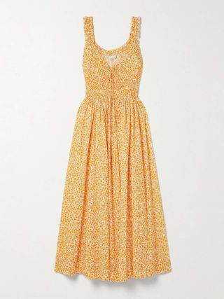 Doen, Emmaretta Tie-Detailed Shirred Floral-Print Organic Cotton-Voile Midi Dress