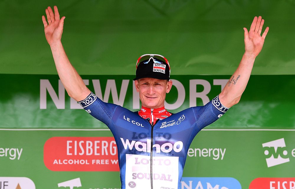 Andre Greipel in blue after winning the opening stage of the 2018 Tour of Britain