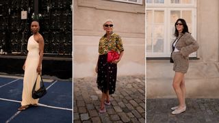 a collage of three women wearing polished yet casual outfits in street style at copenhagen fashion week's spring/summer 2025 season