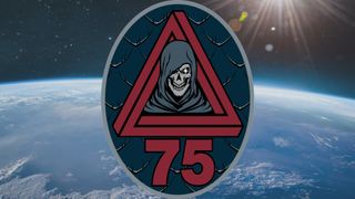 earth can be seen behind a patch bearing a skull in a cloak above the number 75