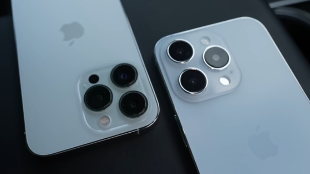 iPhone 13 Pro (left) and iPhone 14 Pro dummy (right), comparing the camera modules