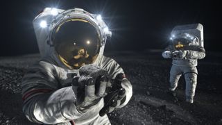 an astronaut holds a moon rock on the moon while another takes a photo as both wear spacesuits