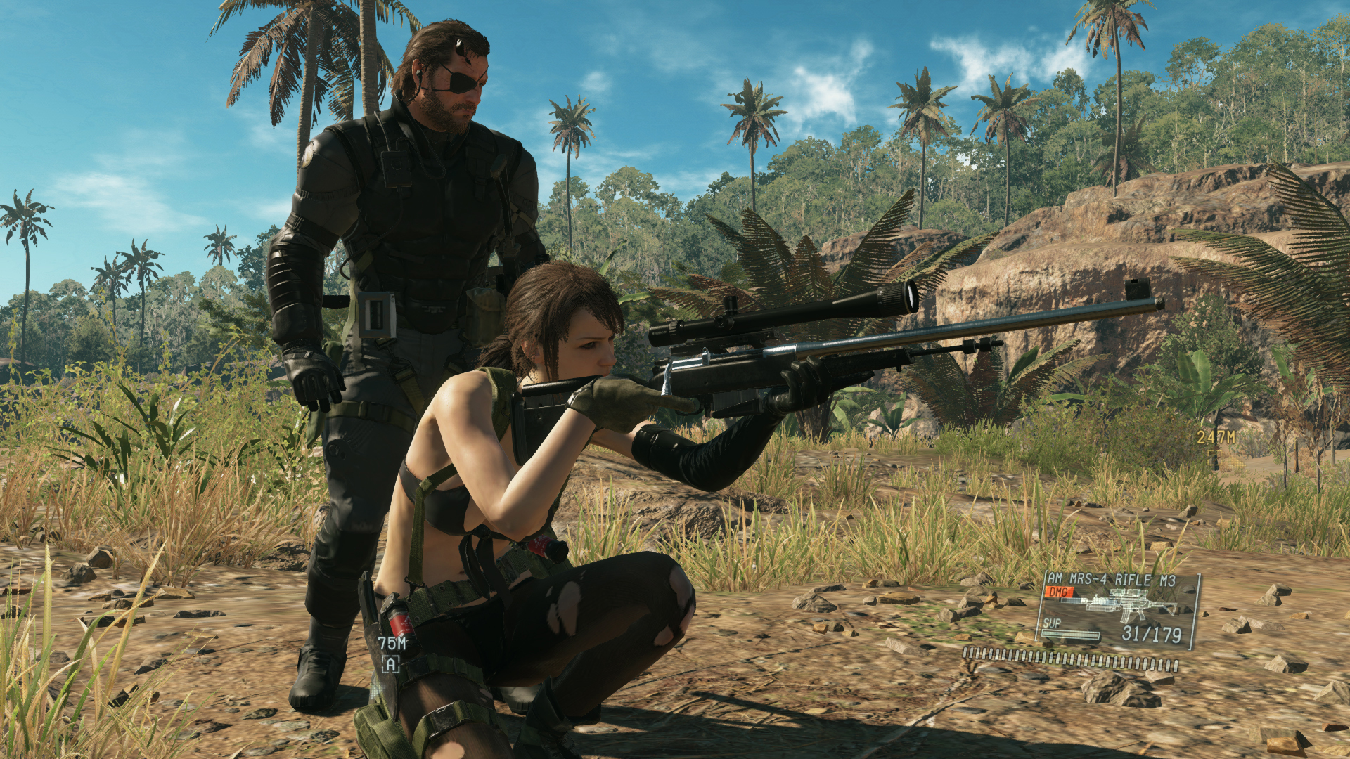 Snake stands above Quiet, who is crouched and aiming down the sights of a sniper rifle