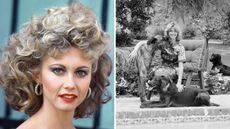 a split screen image with olivia newton john on the left and her garden on the right