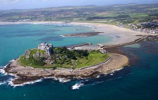 Aerial view of St. Michael's Mount, Penzance, Lands End Peninsula, West Penwith, Cornwall