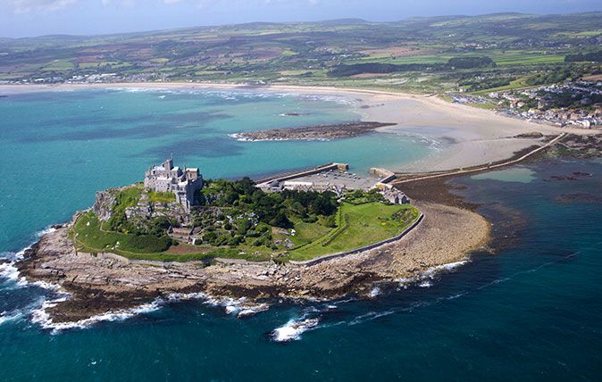 Aerial view of St. Michael&#039;s Mount, Penzance, Lands End Peninsula, West Penwith, Cornwall