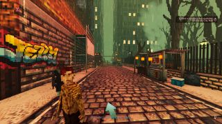 A rain-slick, moonlit street populated by NPCs going about their lives in Shadows of Doubt.