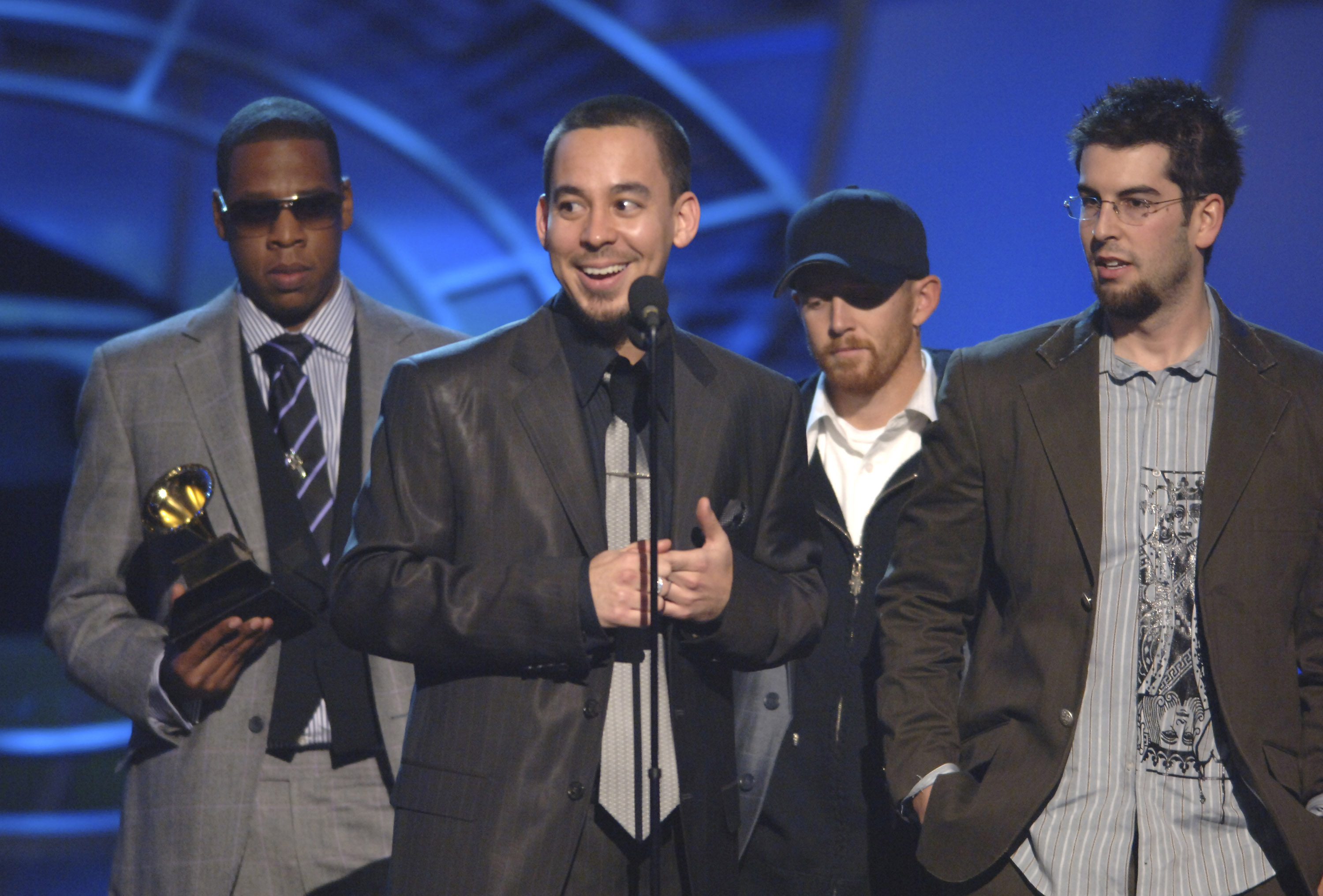 Linkin Park and Jay-Z on stage at the Grammys