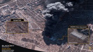 An annotated version of the BlackSky image captured on Feb. 28, 2022, with inset photos of the area from Feb. 26 to provide a before-and-after view.