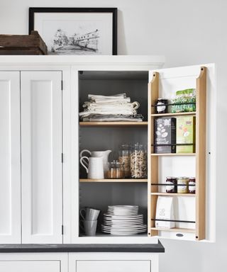 White cabinet with wooden shelves and door shelf