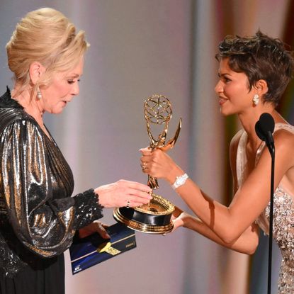 US actress Zendaya presents the Outstanding Lead Actress in a Comedy Series award to US actress Jean Smart onstage during the 78th Primetime Emmy Awards at the Peacock Theatre at LA Live in Los Angeles on September 14, 2026.