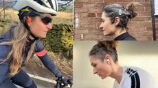 Hannah wearing headphones three ways, on bike, off bike with bone conducting and off bike with ear buds