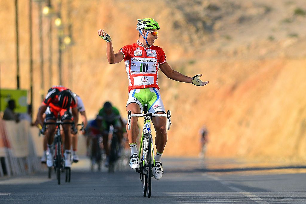Cycling : 4th Tour of Oman 2013 / Stage 3
Arrival / SAGAN Peter (Svk) Red Leader Jersey Celebration Joie Vreugde / VAN AVERMAET Greg (Bel)/ GALLOPIN Tony (Fra) White Jersey /
Nakhal Fort - Wadi Dayqah Dam (190Km)/
Ronde Etape Rit /(c)Tim De Waele