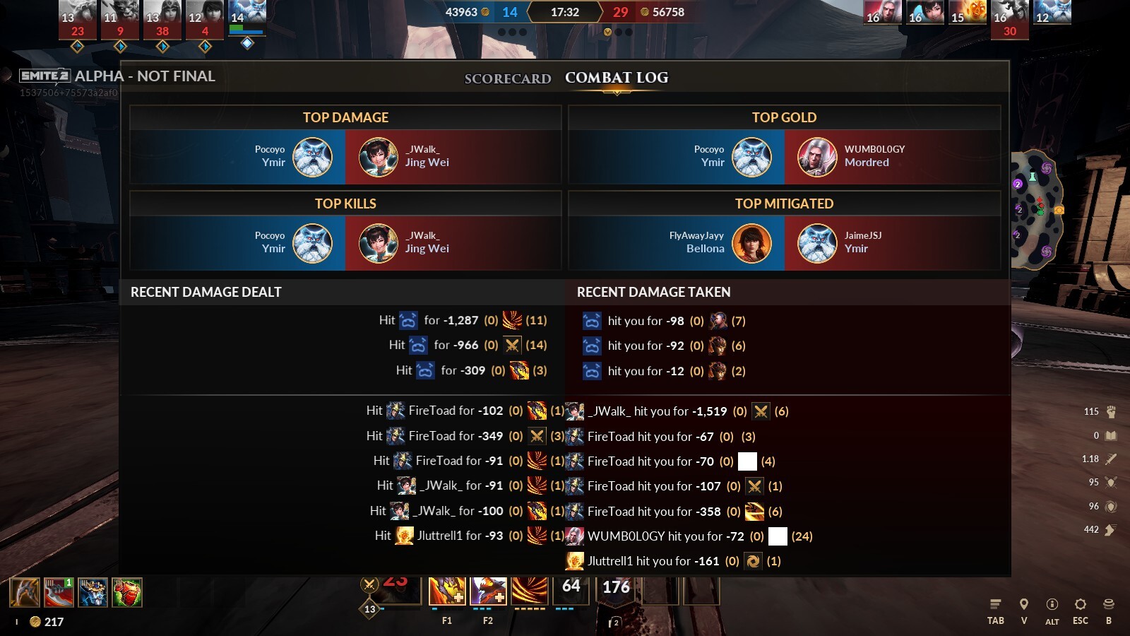 Smite 2 combat log showing recent damage taken and dealt, top damage, assists, kills, gold, and mitigation of the match