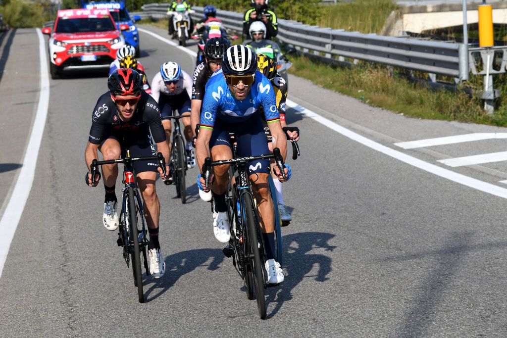 BERGAMO ITALY OCTOBER 09 LR Adam Yates of United Kingdom and Team INEOS Grenadiers and Alejandro Valverde Belmonte of Spain and Movistar Team compete during the 115th Il Lombardia 2021 a 239km race from Como to Bergamo ilombardia UCIWT on October 09 2021 in Bergamo Italy Photo by Tim de WaeleGetty Images