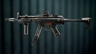 Battlefield 6 PW5A3 loadout: A side-on view of a customisated PW5A3 SMG against a dark stripey background.