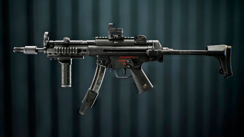 Battlefield 6 PW5A3 loadout: A side-on view of a customisated PW5A3 SMG against a dark stripey background.