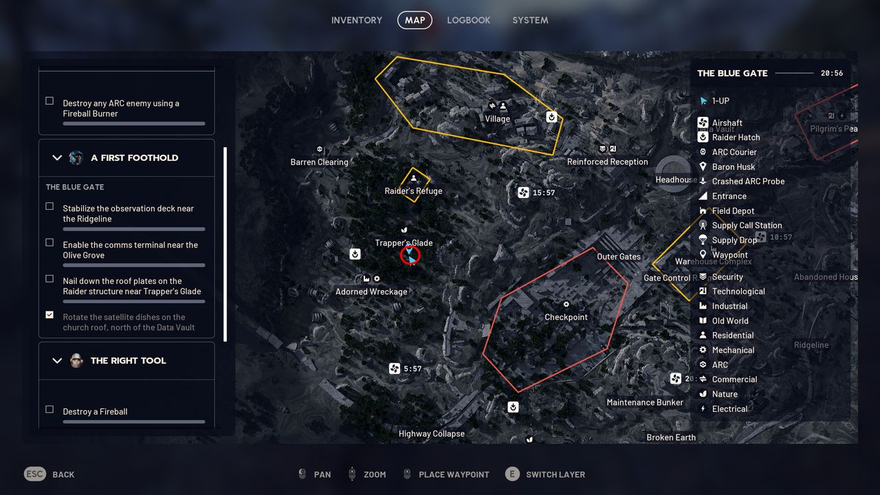 Arc Raiders A First Foothold: A map with a red circle showing the location of the quest step in the Trapper's Glade region of Blue Gate.