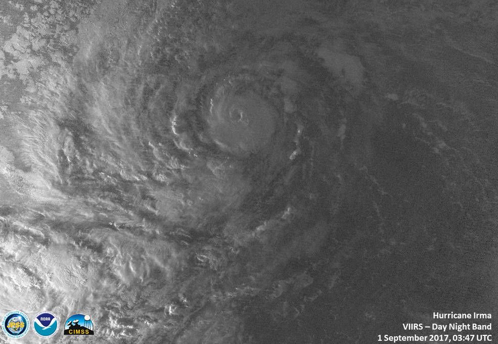 The VIIRS instrument aboard NASA-NOAA&#039;s Suomi NPP satellite captured a night-time image of Hurricane Irma in the Atlantic Ocean that showed a tight circulation on Sept. 1, 2017.