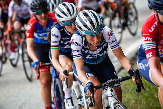 Trixi Worrack (Trek-Segafredo) leads her teammates on stage 2 of the 2019 Tour of California Women's Race