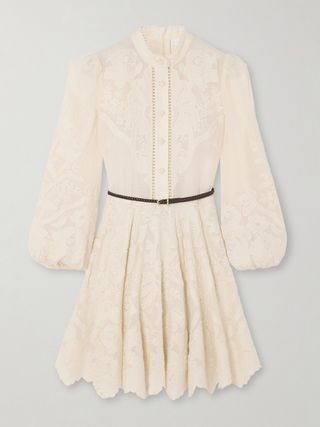 Ottie Belted Braided Leather- and Ramie-Trimmed Embroidered Linen Mini Dress