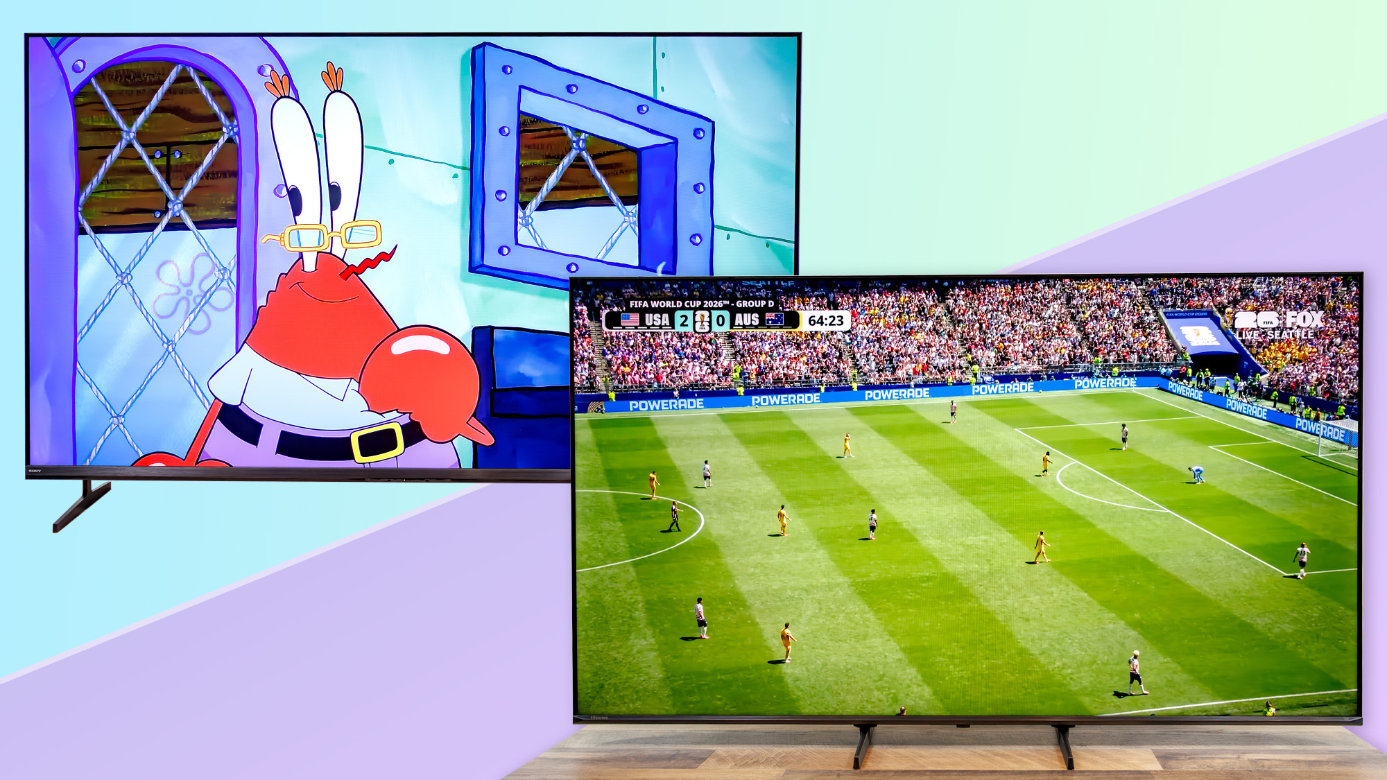 The Sony Bravia 3 II vs Hisense U6SF Pro on a colorful background.