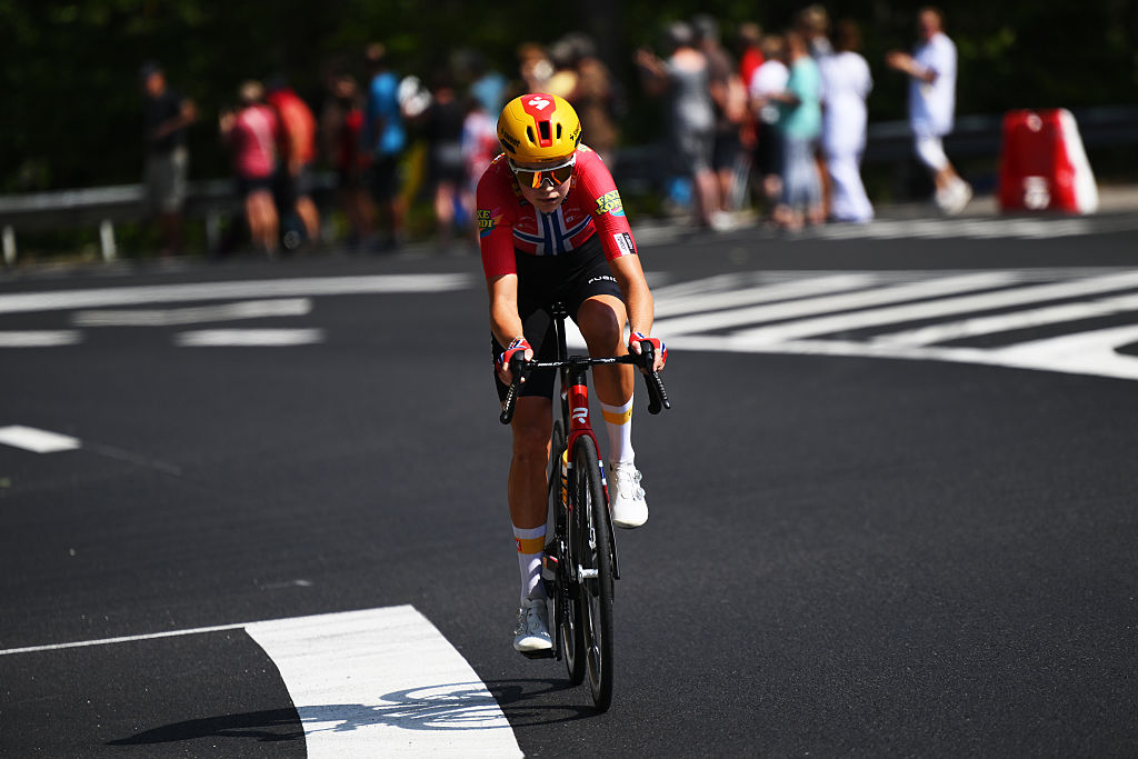 POLIGNY, FRANCE - AUGUST 03: Sigrid Ytterhus Haugset of Norway and Team Uno-X Mobility attacks during the 5th Tour de France Femmes 2026 - Stage 3 a 156.5km stage from Geneva to Poligny / #UCIWWT / on August 03, 2026 in Poligny, France. (Photo by Alex Broadway/Getty Images)