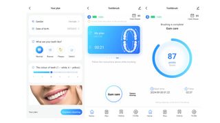 Screenshots of Aeno electric toothbrush app, showing brushing time and gum care score