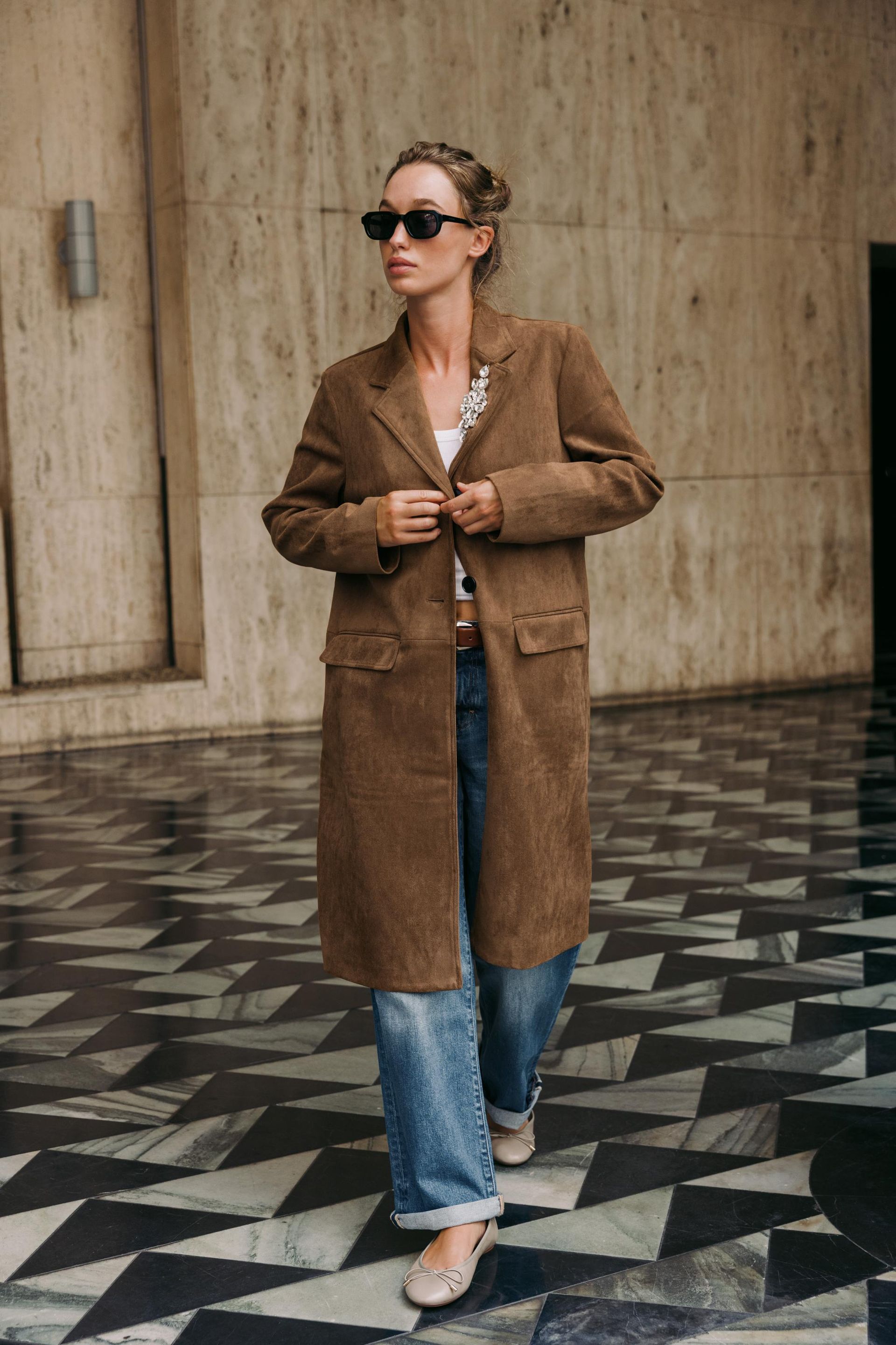 Faux Suede Brooch Frock Coat