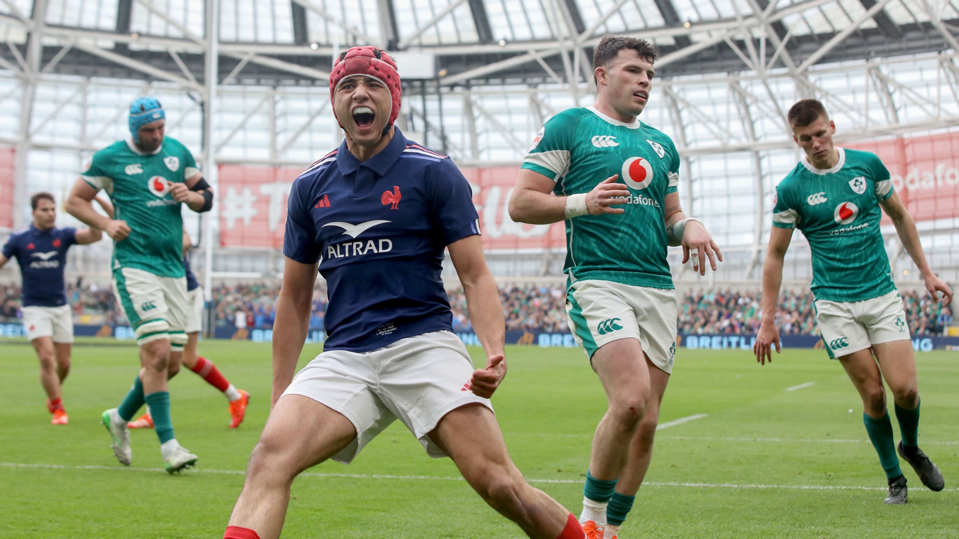 France's wing Louis Bielle-Biarrey celebrates after scoring a try against Ireland in the Six Nations.