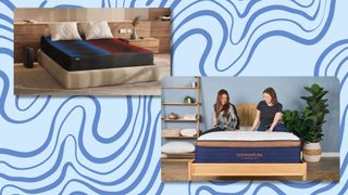 An image of the dual temperature Eight Sleep Pod 4 on bed in beige bedroom next to image of two women sitting on the Brooklyn Bedding CopperFlex Pro Hybrid mattress in a sleep studio with wooden bedframe, a plant and shelving with bedroom accessories
