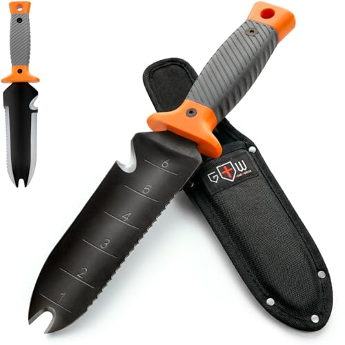 Hori Hori Garden Knife 7" With Sheath &amp;ndash; Heavy Duty Stainless Steel Multi-Purpose Tool for Weeding, Digging &amp;amp; Planting, Serrated &amp;amp; Straight Full-Tang Blade With Weeding Fork, Safety Non-Slip Handle